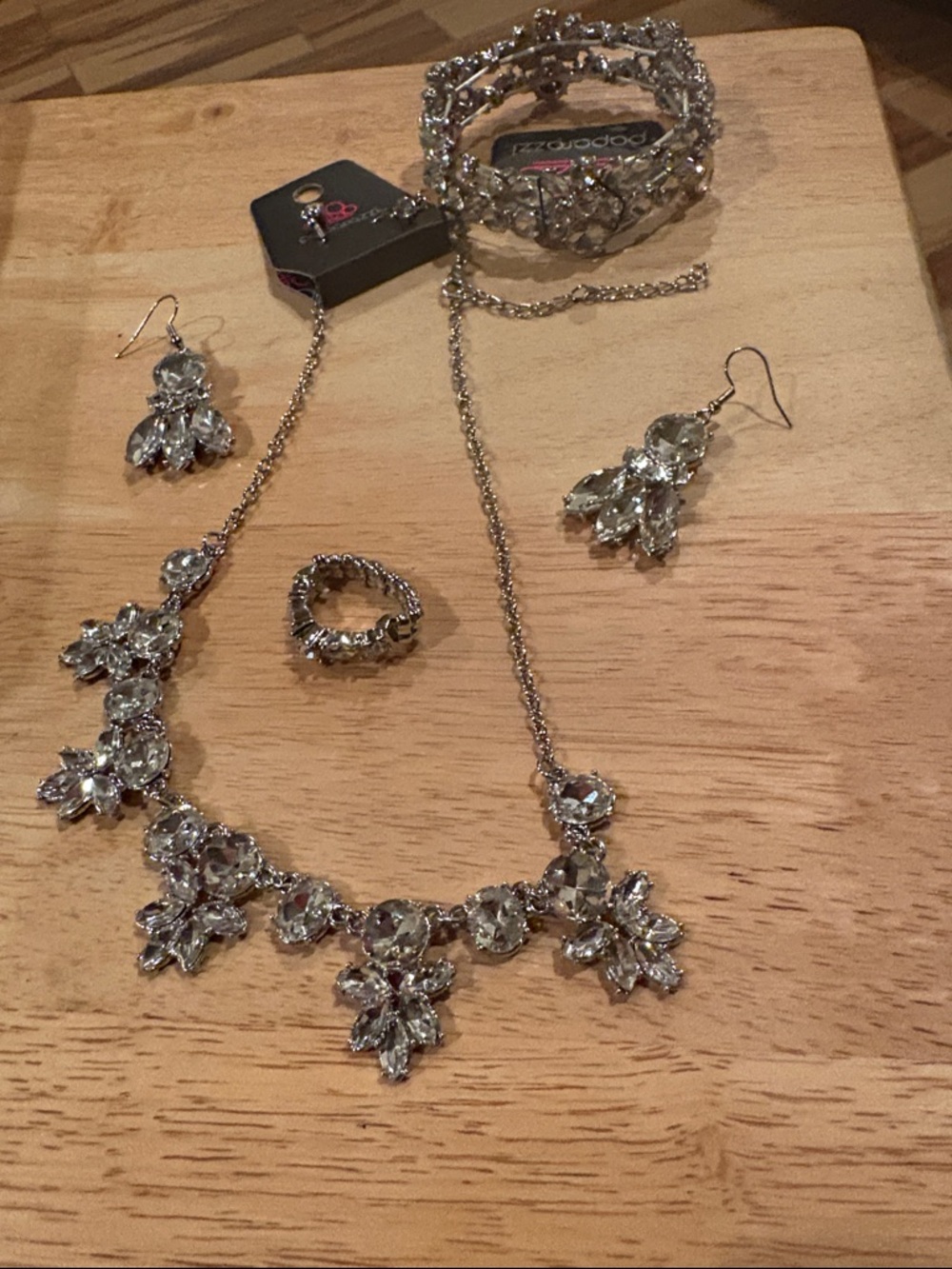 paparazzi Silver Clear Crystal Floral Necklace Set